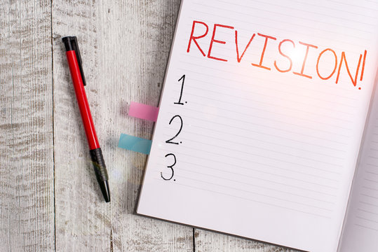 Handwriting text writing Revision. Conceptual photo action of revising over someone like auditing or accounting Thick pages notebook stationary placed above classic look wooden backdrop