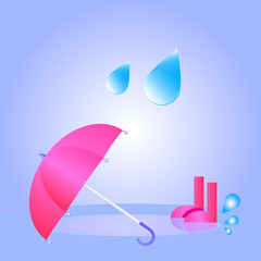 Rain concept. Umbrella, boots and rain drops vector illustration