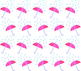 Obraz premium Pink Umbrella And Rain Drops background seamless pattern. Vector illustration