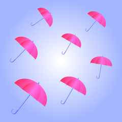 Pink Umbrella flying on blue sky. Vector illustration