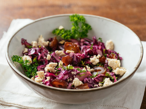 Red Cabbage Slaw with Dates and Vegan feta