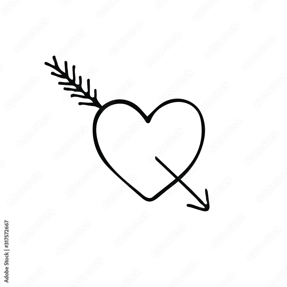 Wall mural Vector hand drawn doodle sketch heart with arrow isolated on white background