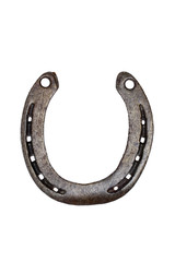 Horseshoe isolated. Close-up of metal horse shoe as a symbol of good luck, prosperity and of a happy future isolated on a white background. Macro photograph. Front and back view.