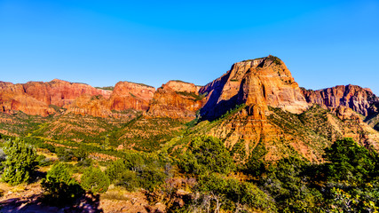 View of the Shuntavi Butte and other Red Rock Peaks of the Kolob Canyon part of Zion National Park, Utah, United Sates. Viewed from the Timber Creek Lookout at the top of East Kolob Canyon Road
