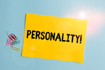 Word writing text Personality. Business photo showcasing combination characteristics that form individuals character Plain cardboard and writing equipment placed above pastel colour backdrop
