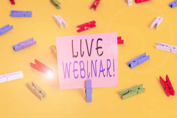 Text sign showing Live Webinar. Business photo showcasing presentation lecture or seminar...