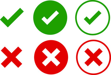 Green check and red cross symbols, round thin line vector signs. Vector illustration or set isolated on a white background