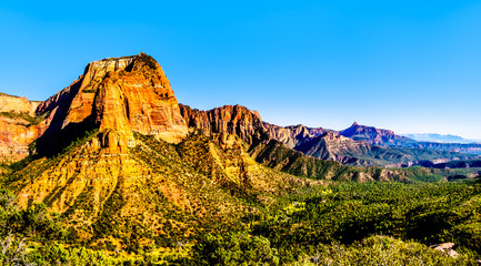 View of the Shuntavi Butte and other Red Rock Peaks of the Kolob Canyon part of Zion National Park, Utah, United Sates. Viewed from the Timber Creek Lookout at the top of East Kolob Canyon Road