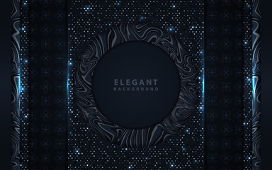 Dark abstract background with paper shapes overlap layers. Luxury and modern concept texture with silver glitters dots element decoration. Vector design template for use frame, cover, banner, card