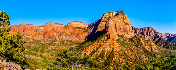 Panorama View of Nagunt Mesa, Shuntavi Butte and other Red Rock Peaks of the Kolob Canyon part of Zion National Park, Utah, United Sates. Viewed from the Timber Creek Lookout 