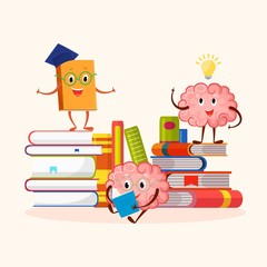 Books and human brain funny characters education and studying concept vector illustration. A smiling book with face stand on stack. Cute cartoon brain read science literature for learning.