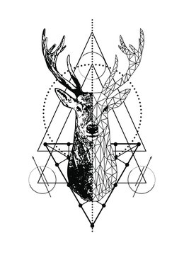 Vector poligonal animal emblem geometric deer tattoo art style design isolated on white background.Low poly head with triangle.Tribal boho line art animal drawing.Stag head and antlers.T shirt print © Polina Raulina