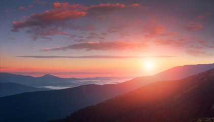 Panoramic landscape of colorful sunrise in the mountains. View on foggy hills covered by forest. Concept of the awakening wildlife.