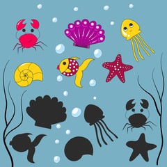 Naklejka premium Logical puzzle game for children and adults. Find the correct silhouette in the underwater world. Developing kids attentiveness and spatial, mathematical thinking skills. IQ training test.