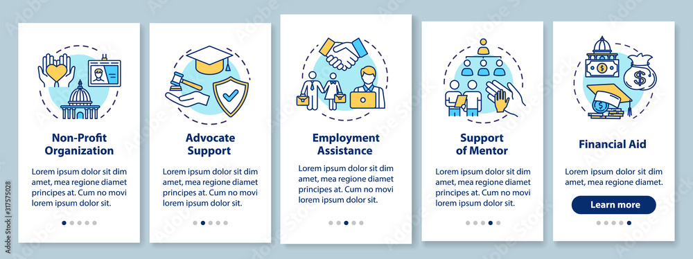 Poster inclusive society onboarding mobile app page screen with concepts. social and financial support walk