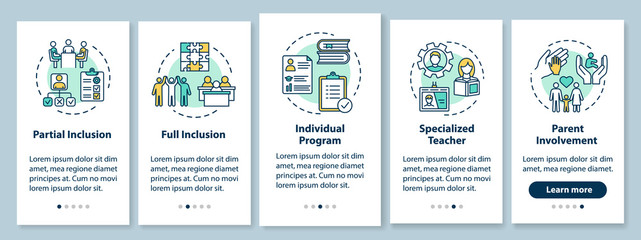 Inclusive education onboarding mobile app page screen with concepts. Educational assistance for disabled walkthrough five steps graphic instructions. UI vector template with RGB color illustrations