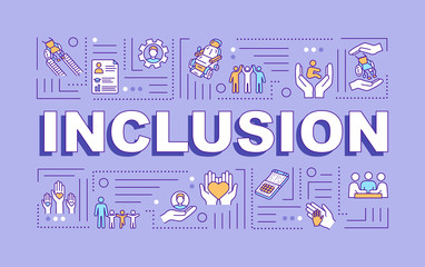 Fototapeta na wymiar Inclusion word concepts banner. Handicapped people. Disabilities aid. Infographics with linear icons on purple background. Isolated typography. Vector outline RGB color illustration