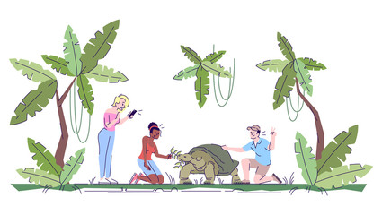 People photographing turtle in jungle flat doodle illustration. Tourists taking photos with wild animal. Petting zoo. Indonesia tourism 2D cartoon character with outline for commercial use