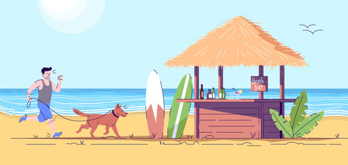 Man jogging at seaside with his dog flat doodle illustration. Guy running past beach bar with pet on leash. Runner on seashore. Indonesia tourism 2D cartoon character with outline for commercial use