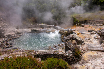 View of the hot springs, Lagoa das Furnas area, Sao Miguel, Azores, Portugal