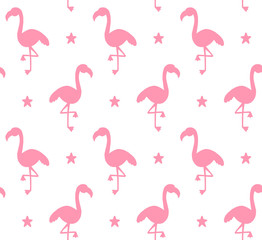 Vector seamless pattern of pink hand drawn doodle flamingo silhouette isolated on white background
