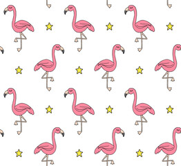 Vector seamless pattern of pink hand drawn doodle sketch flamingo isolated on white background