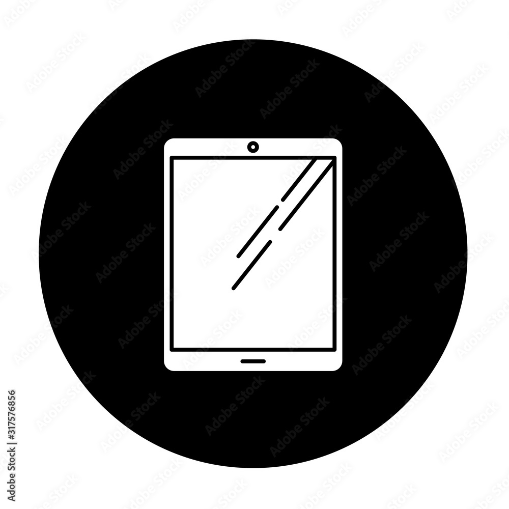 Poster tablet computer glyph icon. touch screen pc. electronic gadget with touchpad. e-reader. digital read