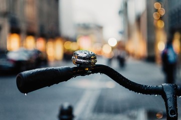 Handlebars of a bike with water drops