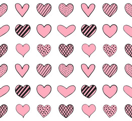 Vector seamless pattern of hand drawn doodle sketch pink hearts isolated on white background
