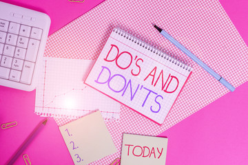 Handwriting text Do S And Don tS. Conceptual photo Rules or customs concerning some activity or...