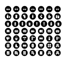 Mobile devices glyph icons set. Electronic gadgets. Smart technology. Smartphone, laptop, computer. E-reader, powerbank. Compact digital tools. Vector white silhouettes illustrations in black circles