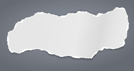 Torn white grainy note, notebook paper strip, piece stuck on brown background. Vector illustration