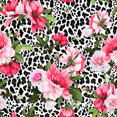 Seamless floral pattern with peonies on a leopard background, watercolor. Vector illustration. © ola-la