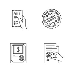 Notary services pixel perfect linear icons set. Stock certificate. Bill. Purchase confirmation. Stamp. Customizable thin line contour symbols. Isolated vector outline illustrations. Editable stroke