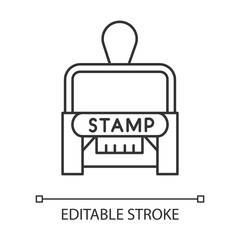 Naklejka premium Stamp pixel perfect linear icon. Notarization. Authentification. Validation, confirmation. Thin line customizable illustration. Contour symbol. Vector isolated outline drawing. Editable stroke