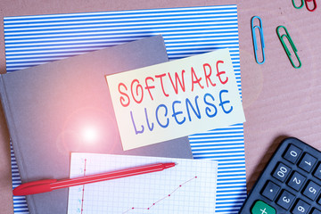 Text sign showing Software License. Business photo showcasing legal instrument governing the...
