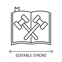 Legal code pixel perfect linear icon. Court statute. Law book. System of rules. Regulations. Thin line customizable illustration. Contour symbol. Vector isolated outline drawing. Editable stroke