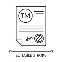 Trademark certificate pixel perfect linear icon. Certification mark. License. Brand registration. Thin line customizable illustration. Contour symbol. Vector isolated outline drawing. Editable stroke