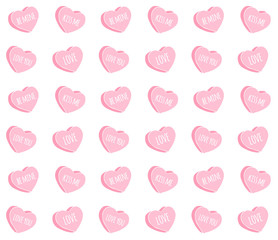 Vector seamless pattern of pink drawn doodle sketch valentine candy hearts with love text isolated on white background