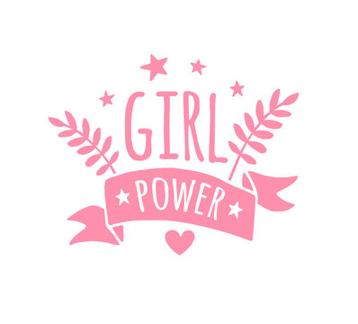Vector pink hand drawn doodle illustration in simple style with phrase girl power. feminism quote and women motivational slogan print isolated on white background