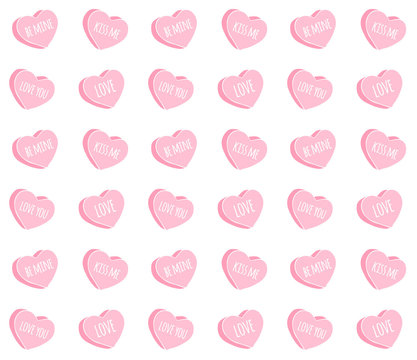 Vector seamless pattern of pink drawn doodle sketch valentine candy hearts with love text isolated on white background