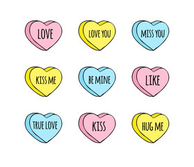 Vector hand drawn doodle set of different sweet heart candies isolated on white background. Bundle of flat cartoon conversation text sweets for valentines day