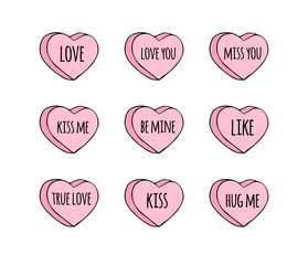 Vector hand drawn doodle set of pink sweet heart candies isolated on white background. Bundle of flat cartoon conversation text sweets for valentines day - obrazy, fototapety, plakaty