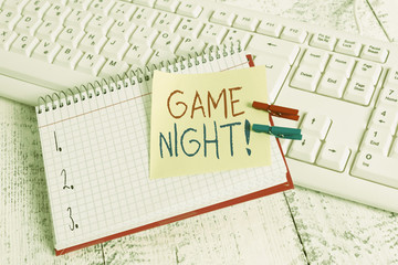Writing note showing Game Night. Business concept for usually its called on adult play dates like...