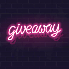 Neon giveaway handwritten lettering typography. Night illuminated wall street sign. Square illustration on brick wall background.