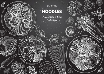 Asian food engraved sketch. Noodle dishes top view frame. Food menu design with cooked noodles . Vintage hand drawn sketch vector illustration. Asian cuisine menu background.