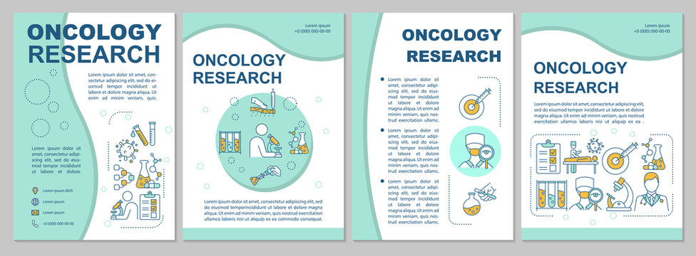 Oncology research brochure template. Flyer, booklet, leaflet print, cover design with linear icons. Cancer laboratory examinations. Vector layouts for magazines, annual reports, advertising posters