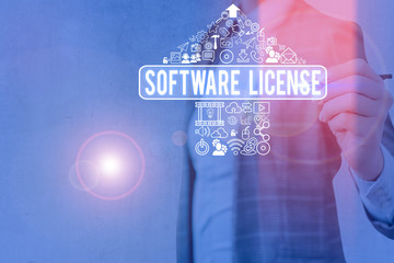 Word writing text Software License. Business photo showcasing legal instrument governing the...