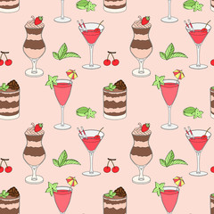 seamless vector pattern with cocktails and ice cream. Colored Element Pattern with stroke on light background.