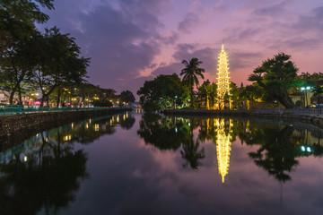 View of Tran Quoc Pagoda in Hanoi in the evening, Vietnam